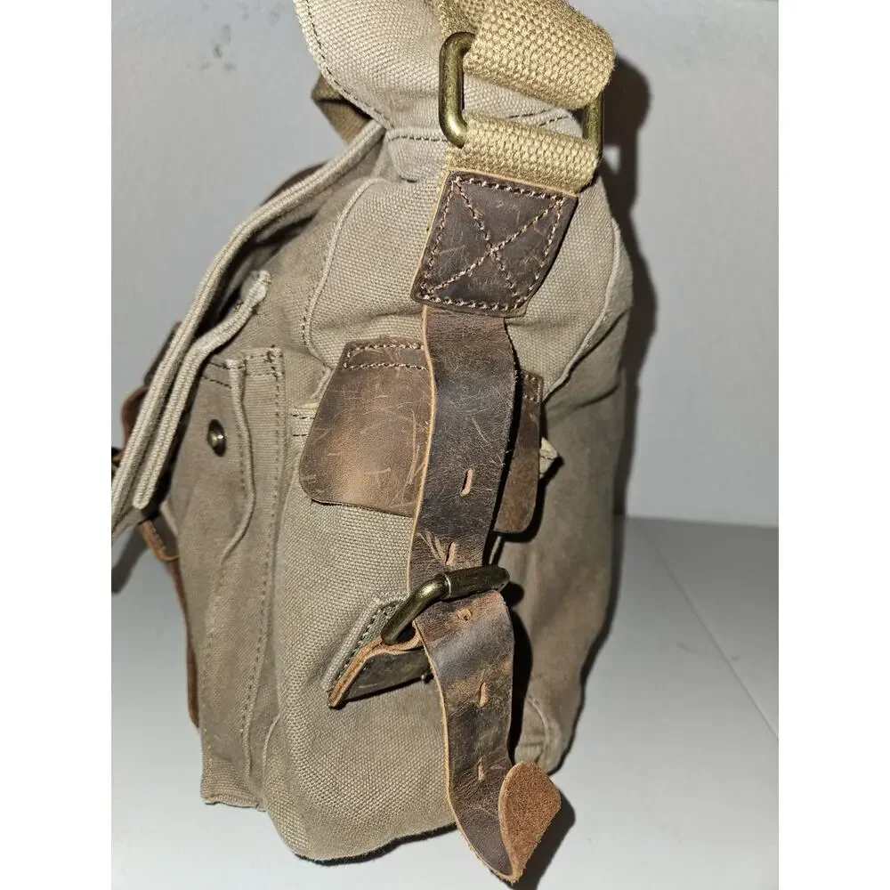 S-ZONE Khaki Canvas W/Leather Accents Messenger Bag Laptop Carry Case 15x12x4